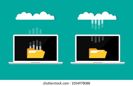 Cloud storage concept isolated on blue background. Flat design of laptop connected with cloud. Download process. Vector illustration.