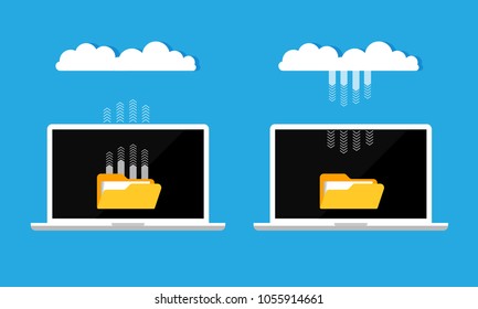 Cloud storage concept isolated on blue background. Flat design of laptop connected with cloud. Download process. Vector illustration.
