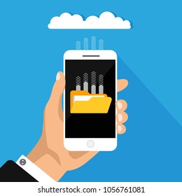 Cloud storage concept isolated on blue background. Flat design of hand holding smartphone connected with cloud. Download process. Vector illustration.