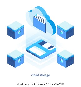 Cloud storage concept. Isometric design concept on cloud computing theme. Vector illustration mock-up for website and mobile website. Landing page template