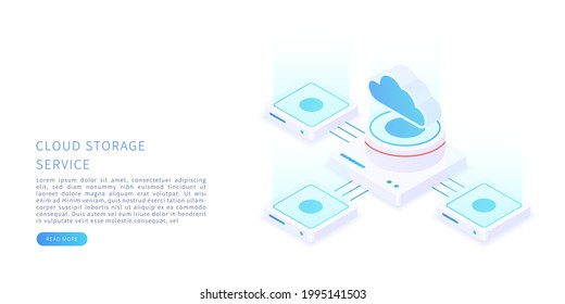 Cloud storage concept in isometric vector illustration. Digital service or app with data transfering. Digital server, database and cloud computing service. Vector illustration.