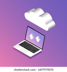 Cloud storage concept. Laptop connected with cloud. Download process. Vector illustration.