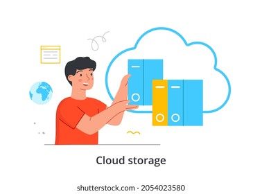 Concepto de almacenamiento en la nube. El hombre envía información en carpetas al servidor en la nube. Almacenamiento y transmisión de datos. Uso compartido de archivos para empleados. Dibujo vectorial plano de dibujos animados aislado en fondo blanco