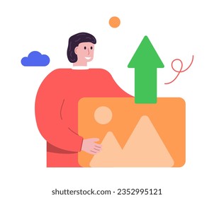 Cloud storage concept. Man upload his file to data storage. Man use cloud storage. Vector illustration concept