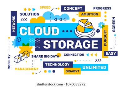 Cloud storage concept on white color background with icon, tag cloud. Vector creative horizontal illustration of word lettering typography. Flat style design for business banner