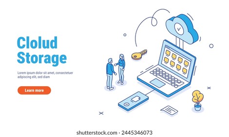 Concepto de almacenamiento en la nube con PC, portátil, teléfono inteligente. Proceso de sincronización de archivos entre su teléfono, computadora o computadora portátil y almacenamiento en la nube. Estilo de contorno Ilustración vectorial isométrica aislado blanco.