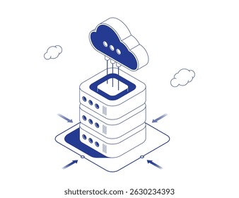 Cloud storage concept with server rack connected to cloud by data flows and incoming arrows in isometric line contour vector illustration isolated white background.