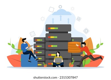 Cloud Storage Concept, Mostrando a la gente trabajando en la tecnología de computación sincrónica en el centro de la nube. Perfecto para páginas de inicio, interfaz de usuario, web, tarjetas de introducción de aplicaciones y más. Ilustración vectorial.
