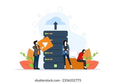 Cloud Storage Concept, Showing people working in cloud sync center Computer technology, data storage in cloud server, online storage access, Flat Vector Illustration on a white background.