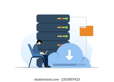 Cloud Storage Concept, Showing people working in a cloud sync center Computer technology, data storage on cloud servers, online storage access, Flat Vector Illustration on a white background.