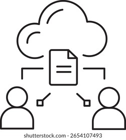 A Cloud storage concept with two people sharing document through cloud network. illustration shows simple line design representing digital communication and data sharing