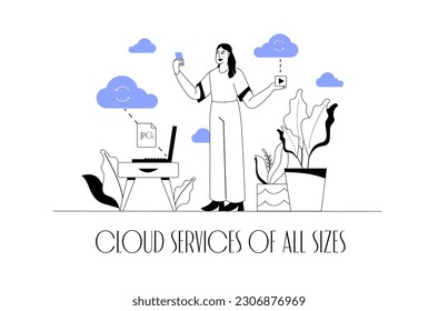 Cloud storage concept wit people scene in the flat cartoon design. The girl uploads all the important data to the cloud storage. Vector illustration.