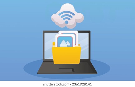 Cloud Storage Concepts Cloud connected laptop.on blue background.Vector Design Illustration.