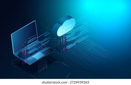 Armazenamento em nuvem conectando remoto com laptop. Conceito de vetor isométrico de código de programação. Trabalhe remotamente com a equipe e sincronização com o serviço de nuvem através da Internet.