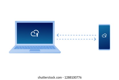cloud storage connection to multi devices laptop, tablet, smartphone, desktop pc vector design illustration