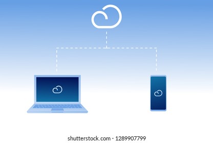 cloud storage connection to multi devices laptop, tablet, smartphone, desktop pc vector design illustration