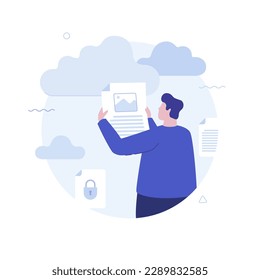 Cloud storage for content circle flat concept vector illustration. Protect files on internet cartoon character on blue for web design. Creative idea for website, mobile, presentation