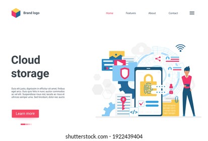 Cloud storage, cyber protection of information concept vector illustration. Cartoon tiny user character standing next to smartphone with lock on screen, cybersecurity digital technology landing page