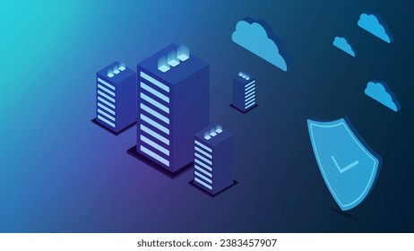 Cloud storage with cyber security isometric. Protection network security and safe data concept. Cloud computing technology background. Vector illustration.