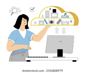 Cloud Storage, Data Backup. Cloud synchronization with devices. Woman sharing files with secure access. Digital storage. Vector illustration on isolated white background.	
