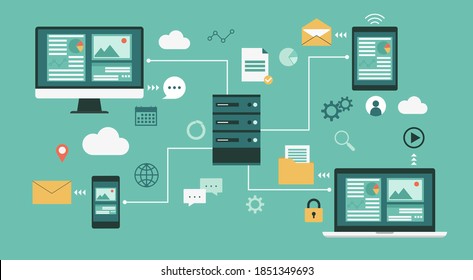 Cloud storage data center with computer, laptop, tablet and smartphone, technology network and database, flat vector illustration