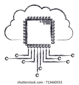 cloud storage data and cpu microprocessor icon in blurred silhouette vector illustration