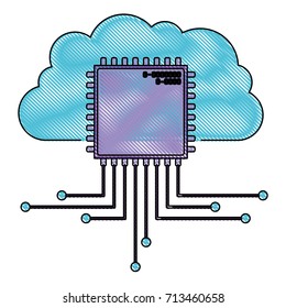 cloud storage data and cpu microprocessor icon in color crayon silhouette vector illustration