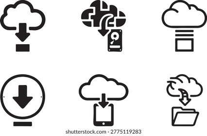 Cloud Storage and Data Download Icon Set – File Upload and Sync Symbols Collection | Vector Editable Stroke EPS