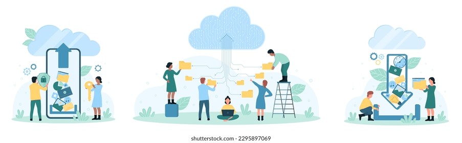 Cloud storage for data files set vector illustration. Cartoon tiny people upload digital documents, backup and archives to cloud service, online organization and security of folders and catalogs