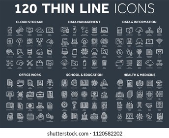 Cloud storage. Data management. Computing. Information. Internet connection. Office work. School and education. Medicine. Thin line icons dark set. White stroke.