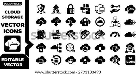 Cloud storage and data management vector icons set for business