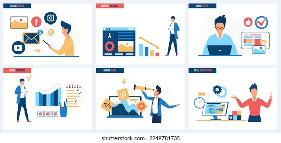 Almacenamiento en la nube y procesamiento de datos, servicio de análisis de mercado, aplicaciones de medios sociales establecen ilustraciones vectoriales. Pequeñas personas de dibujos animados chatean en línea en aplicaciones móviles, apoyo de ingenieros a sistemas digitales