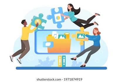 Cloud storage, data processing, message sending. Business people are organize document files and folders inside computer. Flat abstract metaphor cartoon vector concept. Isolated on white background