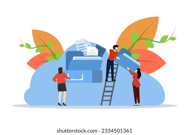 cloud storage, data processing, messaging, online data storage, illustration for marketing web design and print materials, flat vector illustration on a white background.