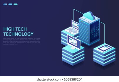 Cloud storage data and synchronization of devices. Concept of data center, data transmission technology.
