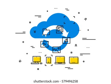 Cloud storage data transfer vector illustration. Wireless file transfer network technology creative concept. Remote internet storage for files graphic design. Online file synchronization.
