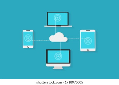 Cloud storage, data transfers on internet from smartphone to tablet and computers, Digital gadgets isolated on blue background. Eps 10 Vector illustration, flat style, minimalistic design