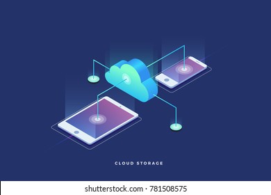 Cloud Storage, Data Transfers On Internet From Gadget To Gadget. 3d Isometric Flat Design. Vector Illustration.