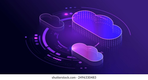 Almacenamiento en la nube para la transmisión de datos en fondo isométrico. Descargando aplicación en la nube. Tecnologías seguras de red. Centro de servicios futuristas. Espacio digital. Sistema de computación de datos. Vector.