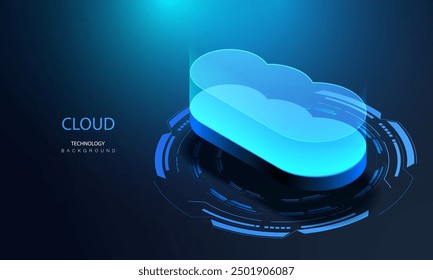 Cloud storage data transmission in isometric background. Downloading cloud application. Network secure technologies. Futuristic service center. Digital space. Data computing system. Vector.