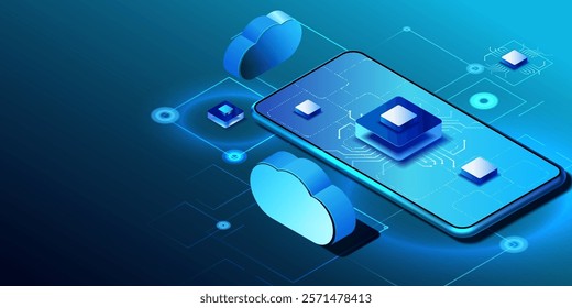 Cloud storage data transmission in isometric background. Downloading cloud application. Network secure technologies. Futuristic service center on phone. Digital space. Data computing system. Vector.