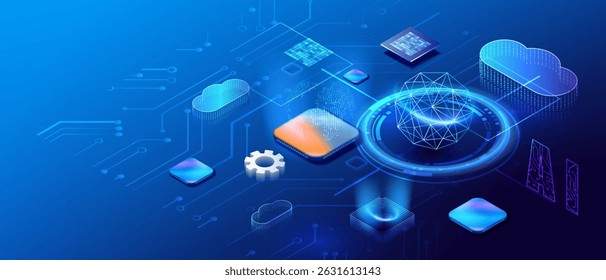 Transmissão de dados de armazenamento em nuvem em segundo plano isométrico. Circuito com CPU, engrenagem e nuvens. Ai globo serviço futurista centro da cidade. Espaço digital. Sistema de computação de dados. Vetor isométrico.