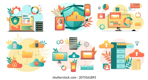 Cloud Storage Design Concept. Internet Data Exchange Technology. Digital Information Protection Service. Different Device Secure Data Transmission. Abstract Wireless Database. Vector Illustration