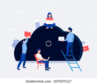 Cloud storage design concept. Small people keep file in cloud shaped room. Trendy flat style. Vector illustration.