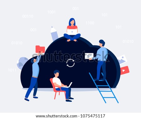 Cloud storage design concept. Small people keep file in cloud shaped room. Trendy flat style. Vector illustration.