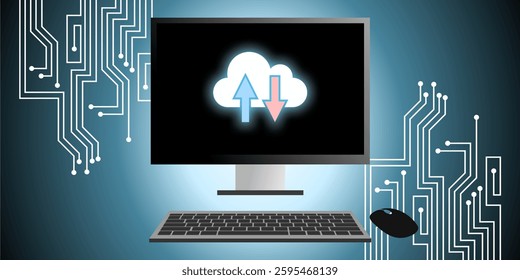 Cloud storage in device icon in a modern flat style. Perfect for data, backup, technology, internet, online, security, digital, file, sync, and computing designs. Ideal for tech and network projects.