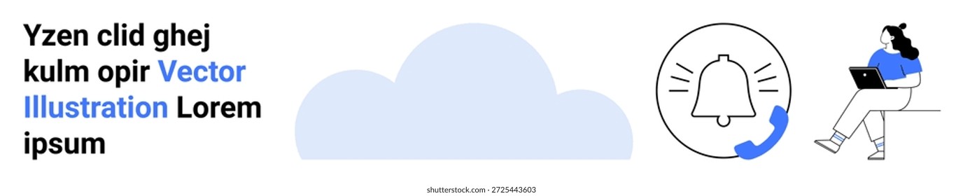 Armazenamento em nuvem, alertas digitais, aprendizagem on-line, trabalho remoto, serviços de tecnologia, conectividade. Um gráfico de nuvem, um ícone de notificação e uma mulher trabalhando em um notebook. Armazenamento em nuvem e alertas digitais