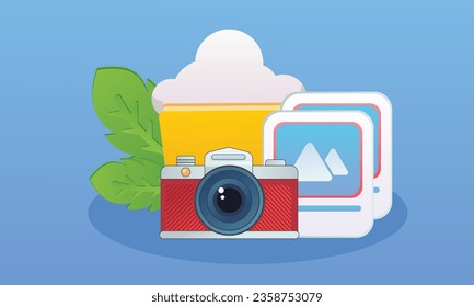 Cloud storage with digital data and files Upload photos and videos to the cloud.on blue background.Vector Design Illustration.