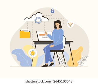 Armazenamento em nuvem para arquivos digitais. Hospedagem na Web. Banco de dados on-line, tecnologia, segurança, computador, data center da Web, servidor. Ilustração de vetor plano.	
