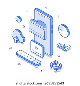 Cloud storage digital media file smartphone application minimalist isometric vector illustration. Multimedia file content personal account document information analyzing password identification
